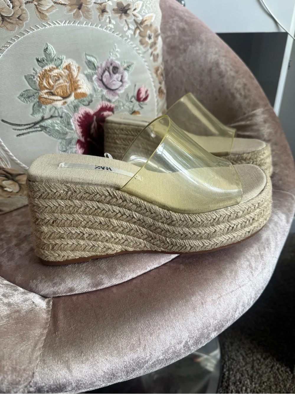 Zara Clear Strap Espadrille Platform Slides in Beige and Clear